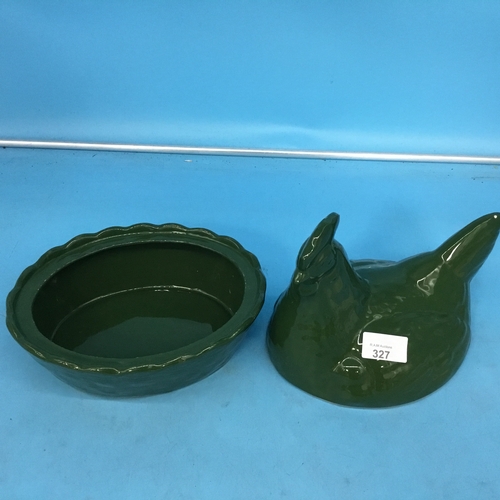 327 - Lidded green chicken vintage egg holder 10”x8”