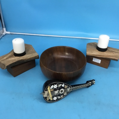 331 - Treen bowl + treen candle holder + musical banjo