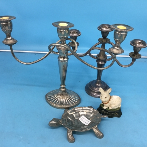 332 - Plated candlesticks vintage x2+doorstop iron + plated tortoise dish