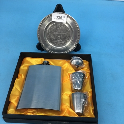 336 - Pewter tray engraved + boxed gift set for men