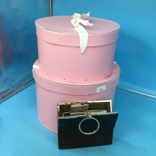 340 - 2x hat boxes in pink + barrelle of liverpool vintage bag+mirror inside