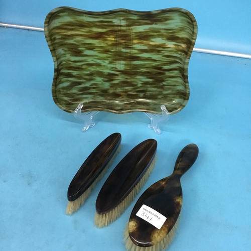 341 - Tortoise shell vintage brush set +tray