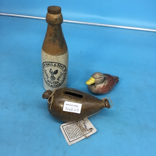 342 - Vintage haggis stone whistle + bird+ jaw hall stone bottle