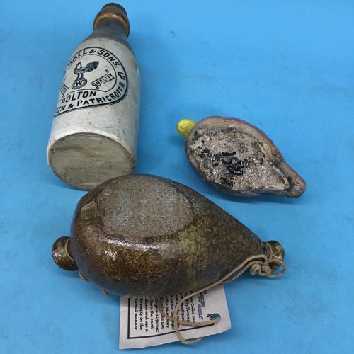 342 - Vintage haggis stone whistle + bird+ jaw hall stone bottle