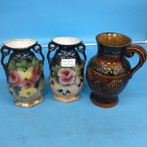 347 - Victorian vases x2 9” 2 handled west German jug