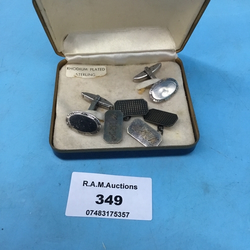 349 - Boxed vintage rhodium plated sterling silver cufflinks