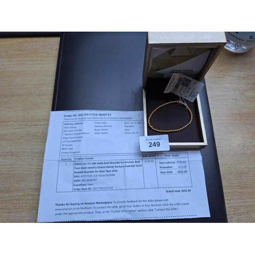 249 - Presented as 24kt Gold Bracelet New in Box Has all Paperwork and Receipt of Sale etc.