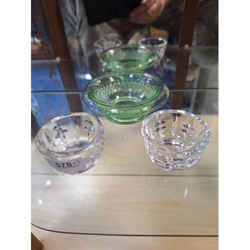 578 - 2x Waterford dishes marked + uranium glass dish