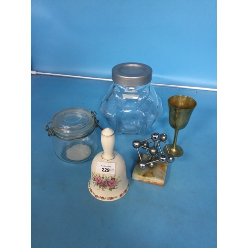 229 - Large Glass Biscuit Jar, Small Biscuit Jar, Ceramic Bell, Goblet and an Atomium Figure