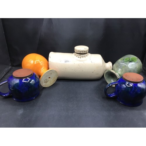 233 - Stoneware Bottle and 4 Coloured Goblets (2 are signed)