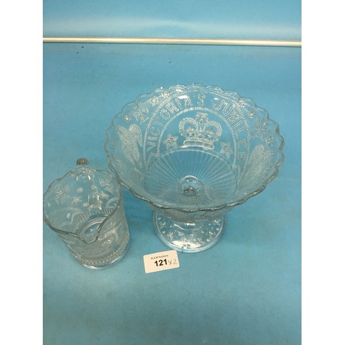 121 - Antique Glass Comport and Jug 1887 Queen Victoria