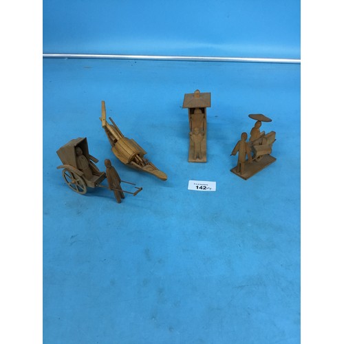 142 - Chinese Models In Wood x4 To Include Boat, Figures In a Chair Etc