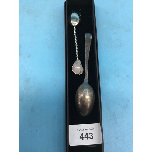 443 - Presented As 2 Silver Spoons 1 Has Marks and A Rose Quartz Top