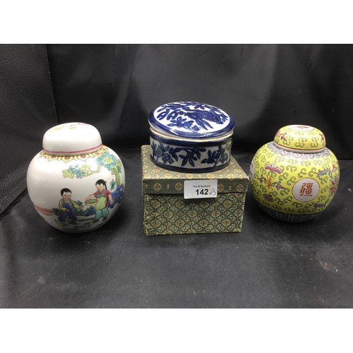 142 - Chinese Lidded Jars x2 and a Boxed Lidded Chinese Pot