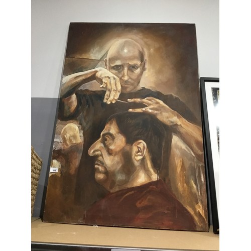 148 - Huge Oil On Canvas Barber Picture 4ft x 3ft Approx