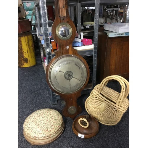 145 - Large Barometer a/f, Vintage Antique Foot Stool, Bag and Treen Nut Cracker