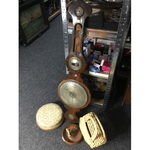 145 - Large Barometer a/f, Vintage Antique Foot Stool, Bag and Treen Nut Cracker