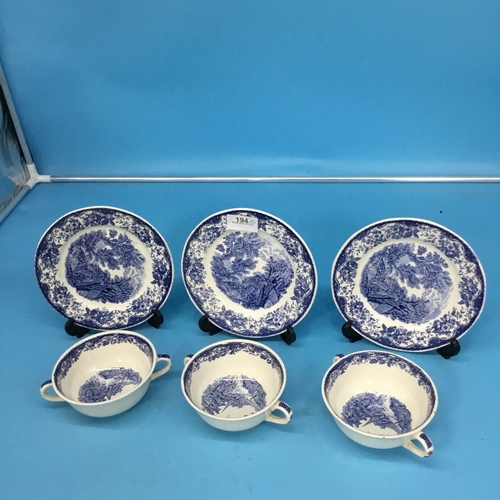 194 - Royal Tudor Blue and White Handled Soup Dishes and Plates x3