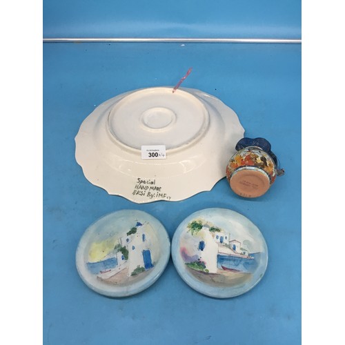 300 - Super Hand Made and Painted Large Dish and 3 Others To Include a Santorini Museum Piece With Tags