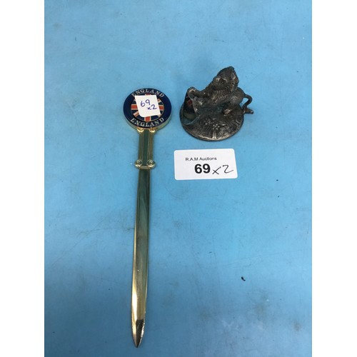 69 - Pewter Lion and Shield and a Union Jack Letter Opener