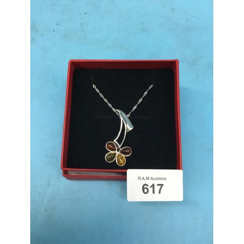 617 - 925 Silver and Tri Colour Amber Butterfly Necklace