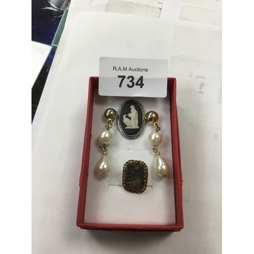 734 - Pearl Earrings, Wedgewood Cameo and a Possible Gold Pin