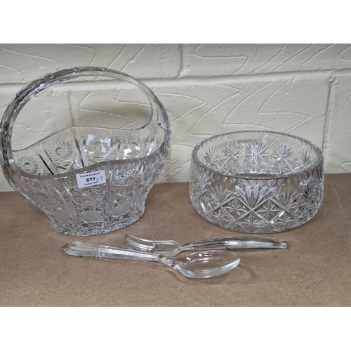 577 - Italian Crystal Handled Basket and Bowl