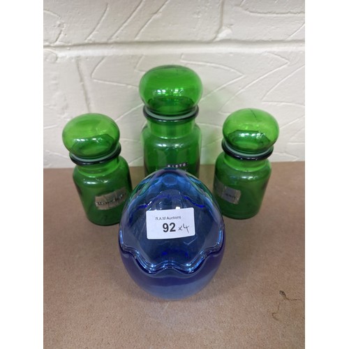 92 - Green Herb Jars x3 and a Blue Glass Egg