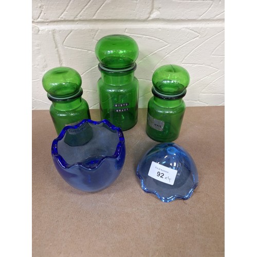 92 - Green Herb Jars x3 and a Blue Glass Egg