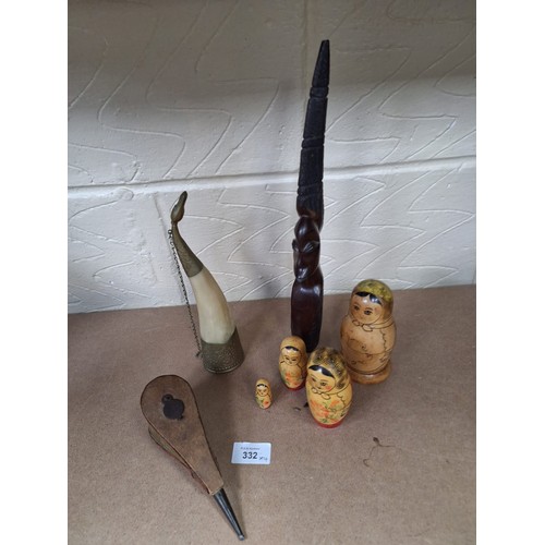 332 - Treen Group x4 To Include a Horn, Tribal Carving, Bellow and a Vintage Russian Doll