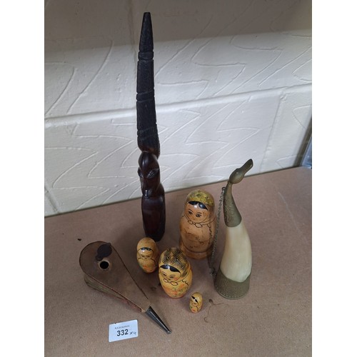 332 - Treen Group x4 To Include a Horn, Tribal Carving, Bellow and a Vintage Russian Doll