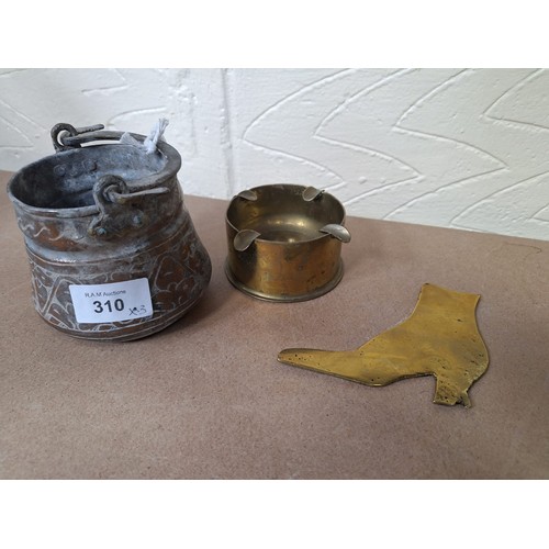 310 - Trench Art Items To Include a Shell Base Ashtray, Shoe and a Pot