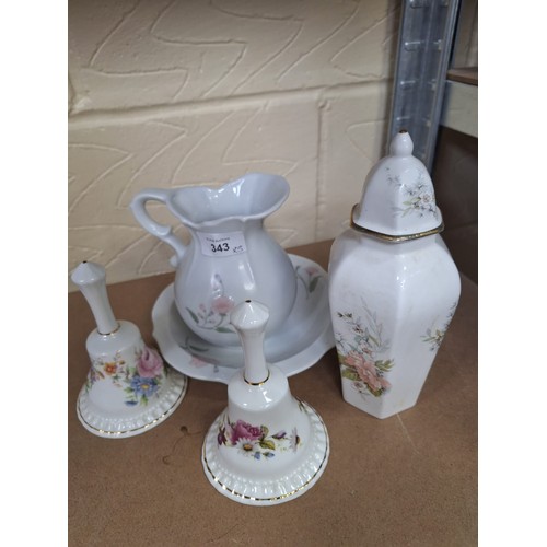 343 - M and S Jug and Tray, Lidded Jar and Two Bells