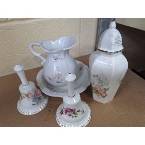 343 - M and S Jug and Tray, Lidded Jar and Two Bells