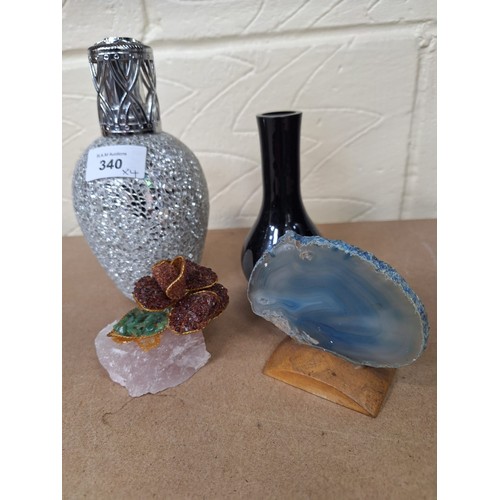 340 - Crystal On a Plinth, Oil Burner, Rose Quartz Flower and a Vase