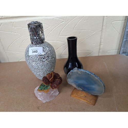 340 - Crystal On a Plinth, Oil Burner, Rose Quartz Flower and a Vase