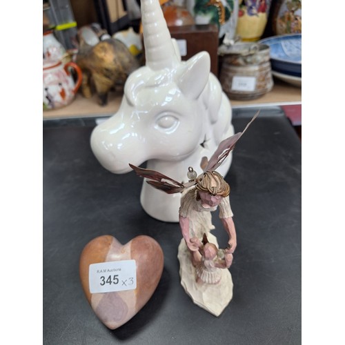 345 - Fairy Figure With Copper Wings, A Unicorn and a Heart Stone Carving