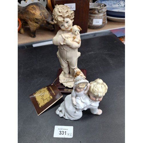 331 - Signed and Tagged Merli Figure  On a Plinth and An Antique Figure Of Girls Playing