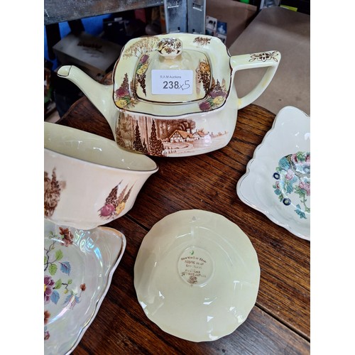 238 - Myott and Sons Tea Pot, Sugar and Tray In The Homeland Design and 2 Sadler Dishes