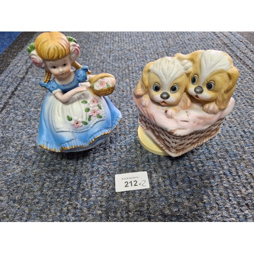 212 - Two Musical Ornaments Pups In a Basket and a Girl With a Basket