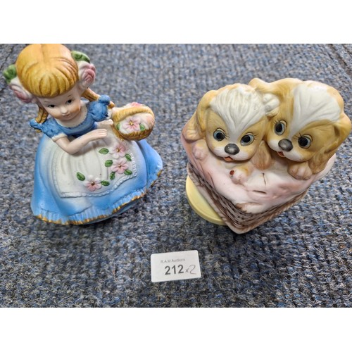 212 - Two Musical Ornaments Pups In a Basket and a Girl With a Basket