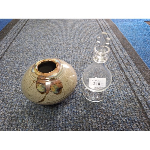 210 - Vintage Glass Church Oil Vessel and a Signed Art Vase