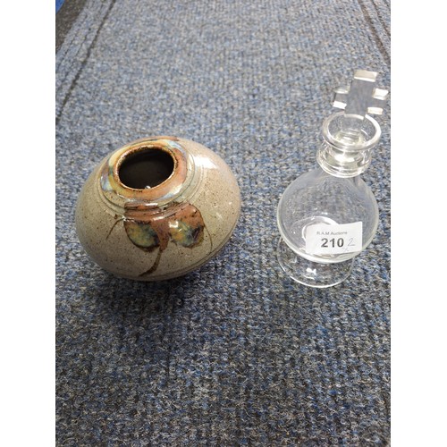 210 - Vintage Glass Church Oil Vessel and a Signed Art Vase