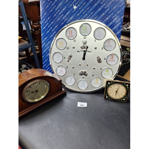 327A - Clocks x3 To Include Vintage West Luxe, 8 Day Mantle Clock and New In The Box Babies First Clock