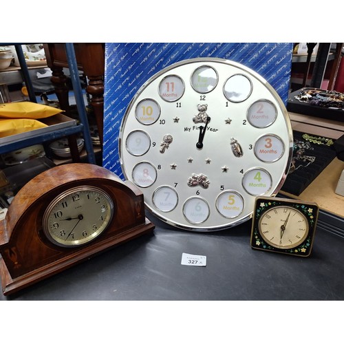 327A - Clocks x3 To Include Vintage West Luxe, 8 Day Mantle Clock and New In The Box Babies First Clock