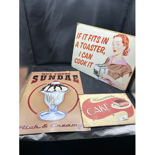 141 - Metal Advertising Signs x3 To Include Cake, Toaster and Hot Fudge Sundae