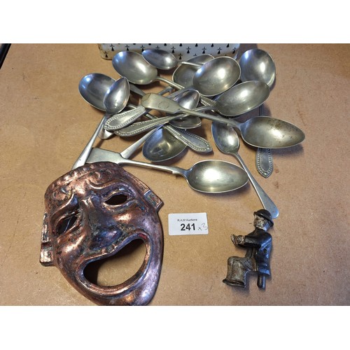 241 - Selection of Vintage Cutlery in a Tin, Vintage Carriage Driver and a Metal Mask