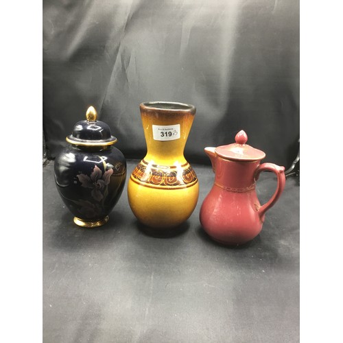 319 - Lovatts Langley Jug, Carlton Ware Lidded Urn and a Port Pottery Vase