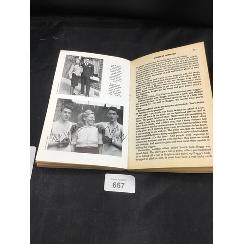 667 - Book by former kray boss Tony lambrianow,signed inside by reg+Ron + signed Ron picture no certs.