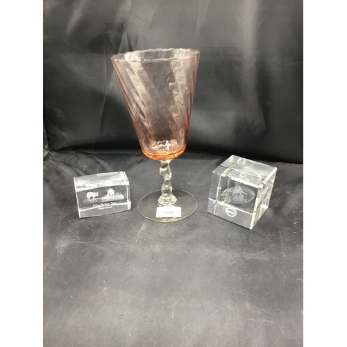 760 - Pink crystal/glass goblet 12” +2 crystal paperweights